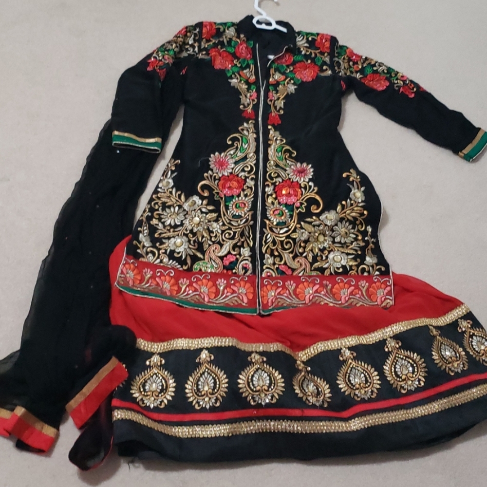 Velvet Indian lehenga in Red and black